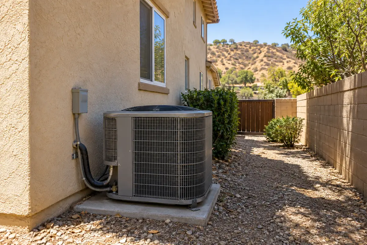 Condenser on a concrete pad over gravel, with hills behind the house, ac maintenance in Memphis, TN