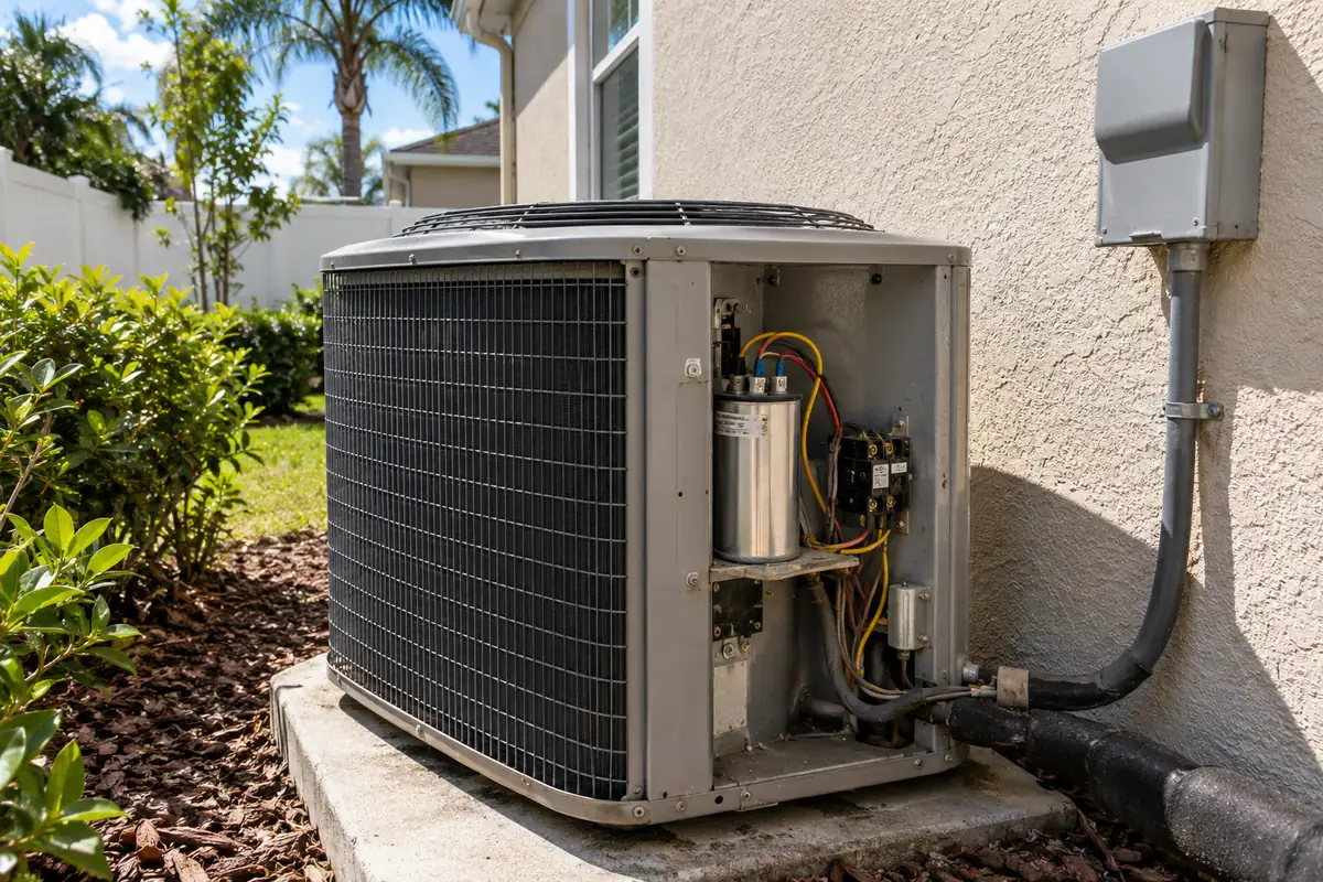 Condenser with its service panel open, showing the capacitor and wiring, ac not cooling in Memphis, TN
