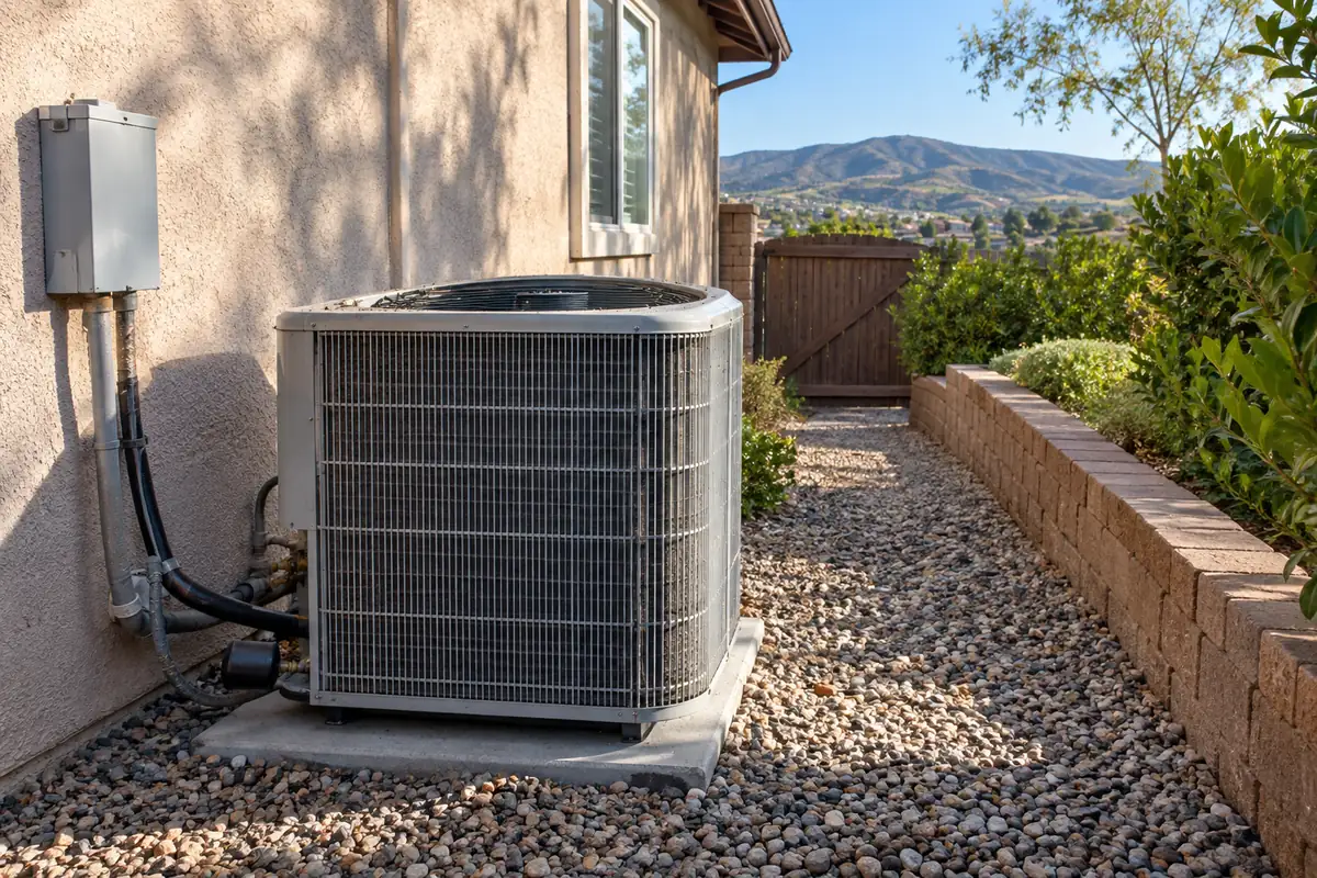 Condenser on gravel beside a stucco wall in a brick-edged side yard, ac replacement in Memphis, TN