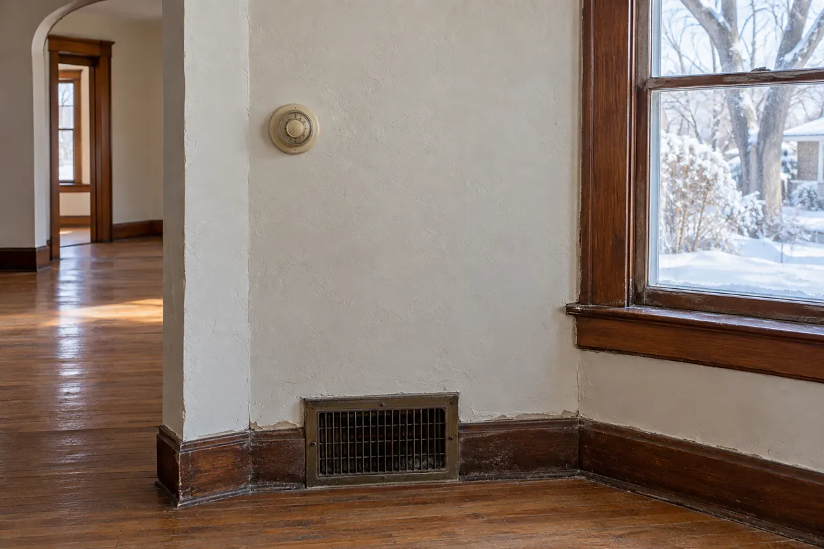 Hardwood room corner with a floor register under a window, heat pump defrost and emergency heat in Memphis, TN