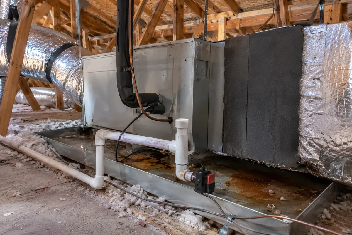 Attic air handler in a metal drain pan with a stained condensate line, heat pump repair and installation in Memphis, TN